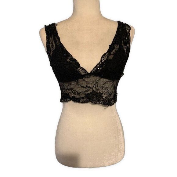 Windsor Solid Black Lace Beaded V Neck Bralette Medium - Picture 1 of 5